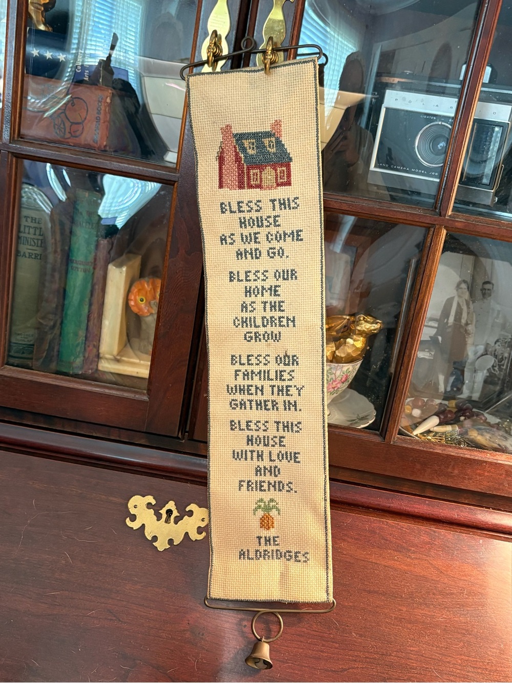 Vintage Cross Stitch Blessing Banner with Bell - Cream & Red